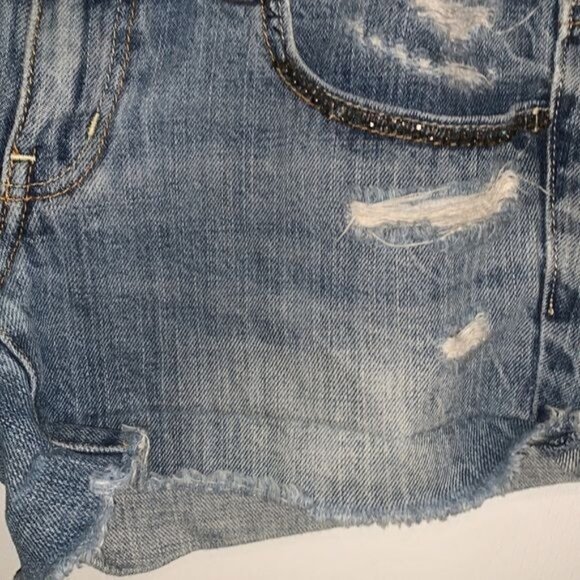 Distressed Denim Shorts With Beaded Trim Size 2 - Picture 7 of 11